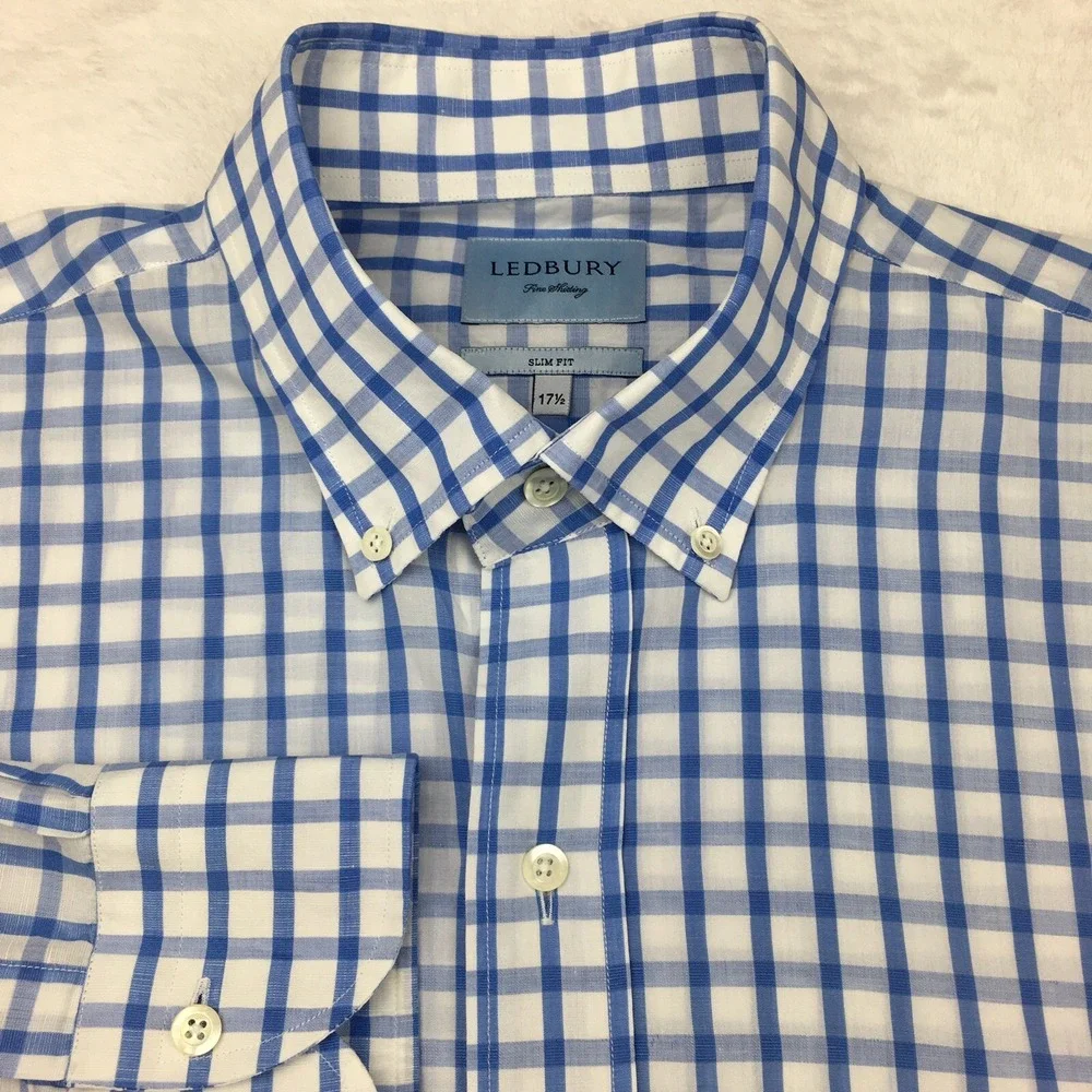 Ledbury Shirt Mens 17.5 Blue/White Checks Slim Fit Cotton/Linen Blend